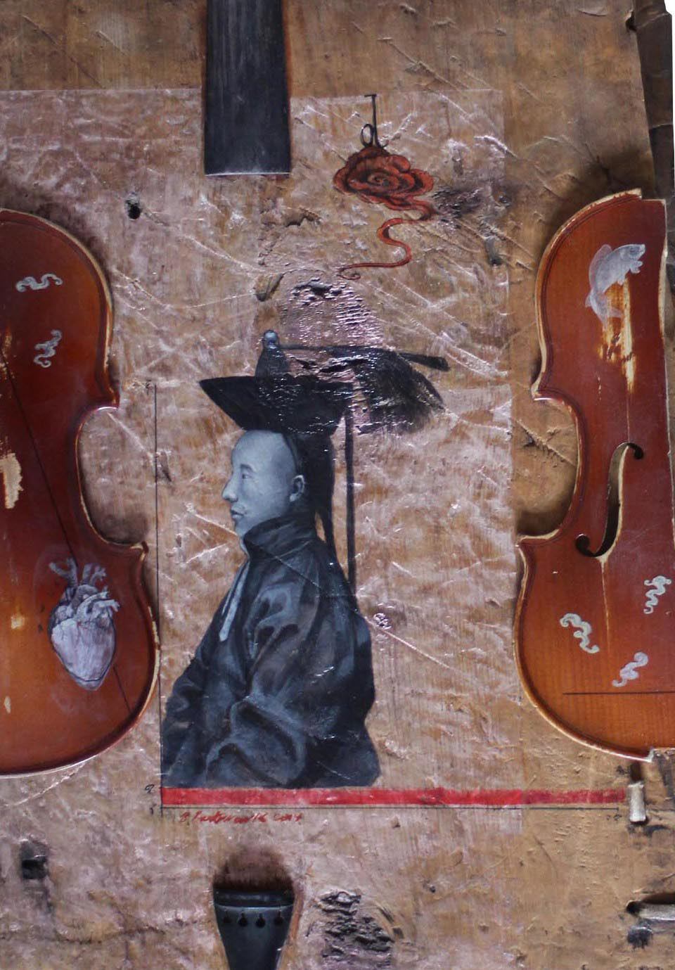 艺术家巴塔拉用传统蒙古画的步骤在木头上作画 - 弦乐器