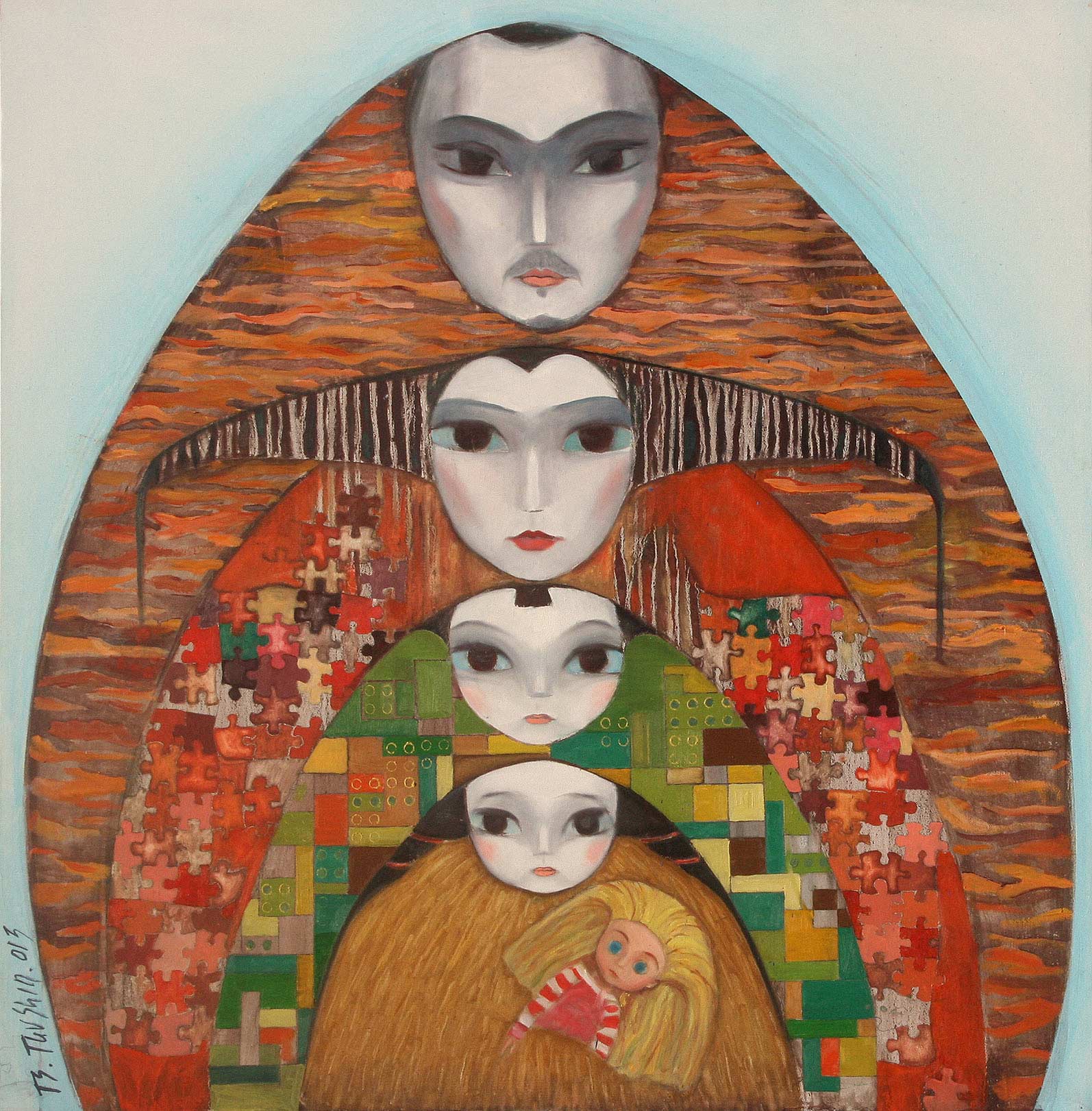 布面油画 100x100 - 表现蒙古家庭